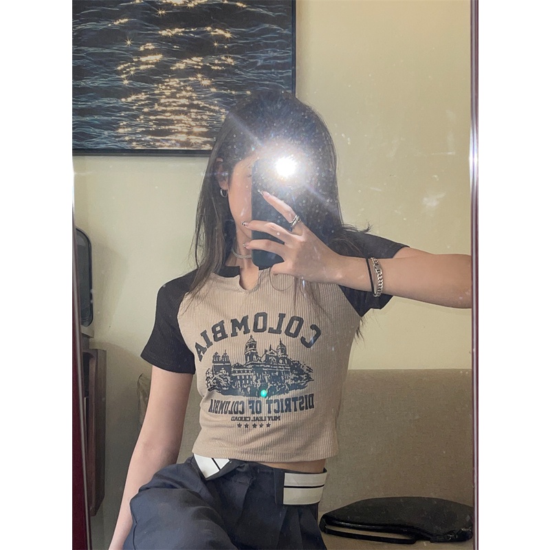 Áo Croptop Tay Ngắn Cổ Chữ V Thiết Kế Mỏng Quyến Rũ Thời Trang Theo Phong Cách Mỹ Cho