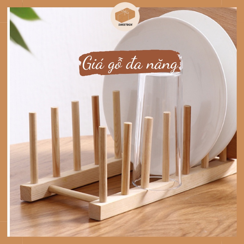 Giá Gỗ Thông Úp Cốc Chén Thớt Tạp Chí Tiện Dụng Có Thanh Chia Ngăn Nằm Ngang