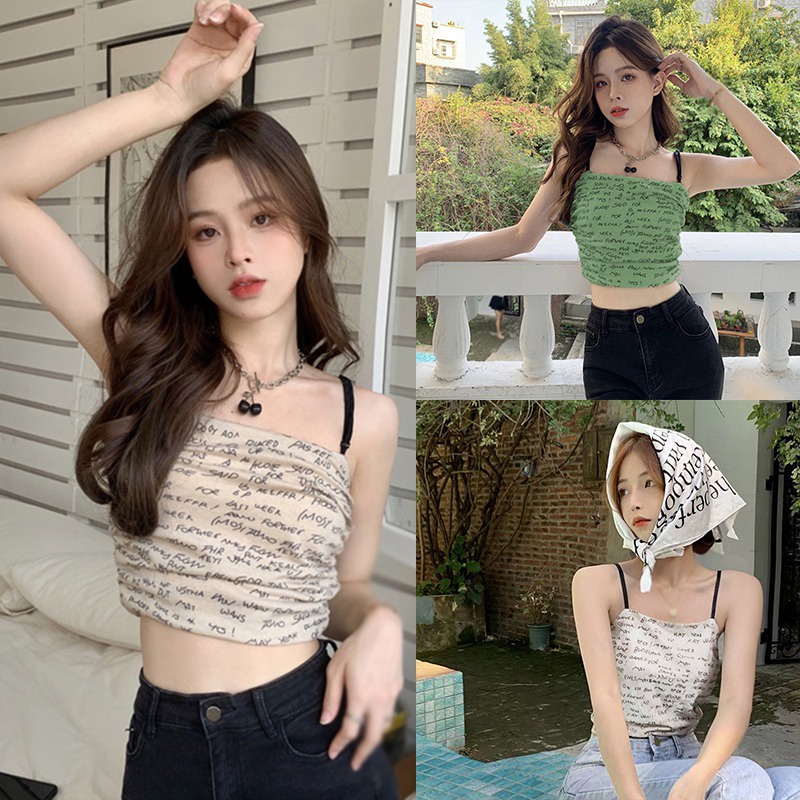 Áo Croptop Hai Dây Ôm Dáng In Chữ Phong Cách Hàn Quốc Thời Trang Mùa Hè Cho Nữ