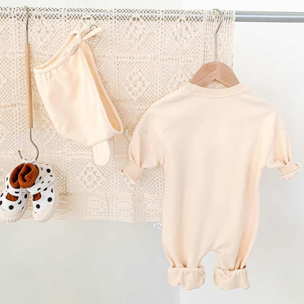 Set áo liền quần vải cotton tay dài hoạ tiết gấu đáng yêu cho bé 0-24 tháng