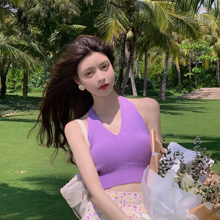 Áo dệt kim COZOK dáng ngắn không tay cổ yếm thời trang cho nữ