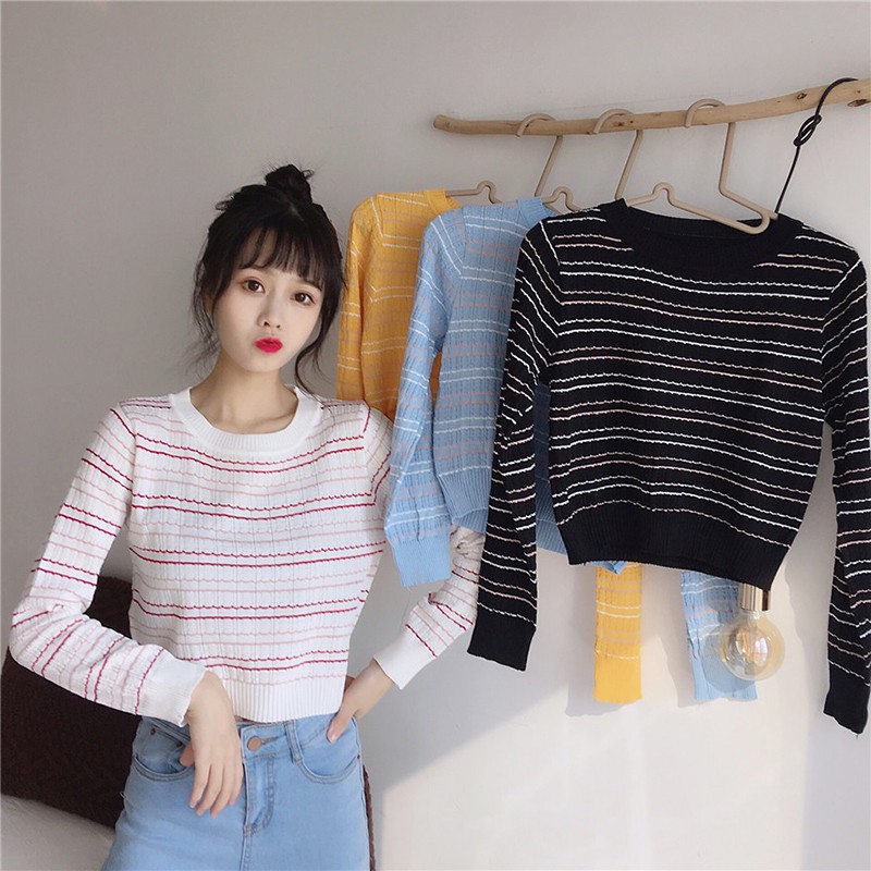 Áo thun sweater Hàn Quốc dài tay sọc trắng đen dành cho nữ