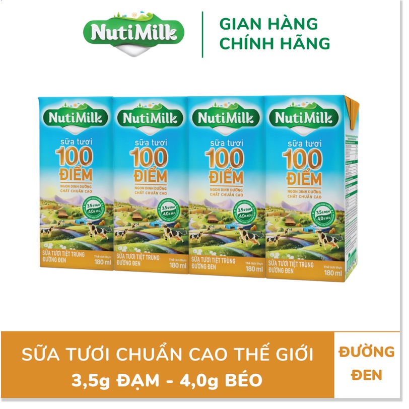 Lốc 4 Hộp NutiMilk Sữa tươi 100 điểm - Sữa tươi tiệt trùng đường đen 180ml L4.STDD180CRN - Thương Hiệu NUTIFOOD -AZKids