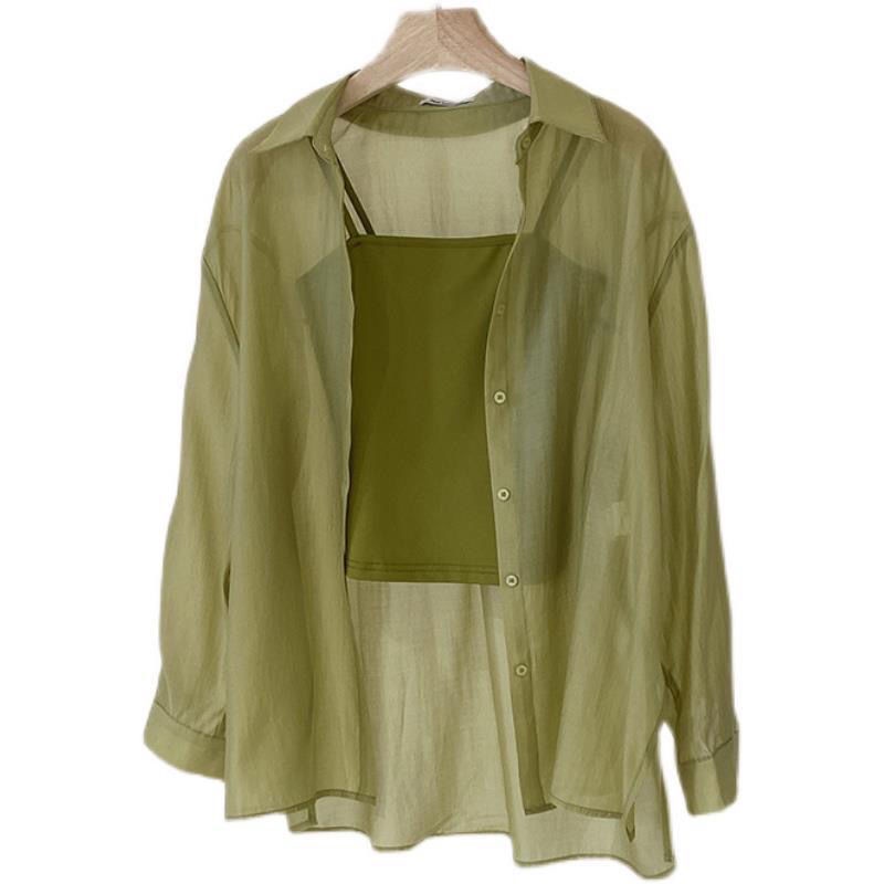 Spot Korean summer women's shirt sunscreen cardigan Tencel cotton side button semi transparent thin shirt jacket sunscreen shirt women's spring and summer loose Long Sleeve Jacket