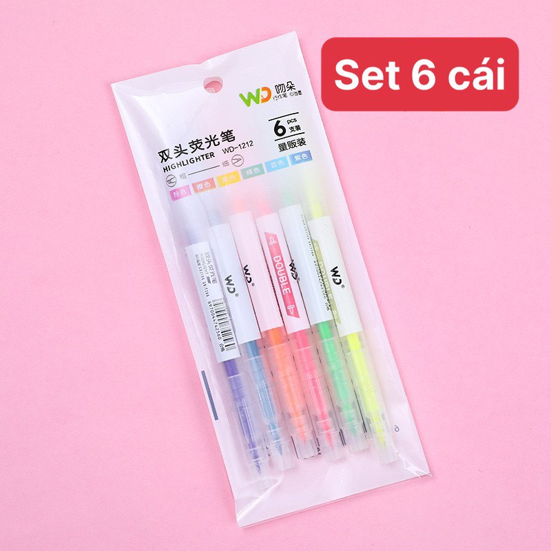 Set 6 bút dạ quang Highlight hai đầu 2 nhiều màu dễ thương