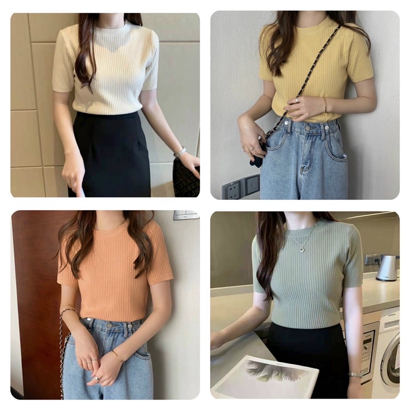 Áo len tăm cổ tròn tay cộc Áo thun tăm gân cao cấp 15 màu