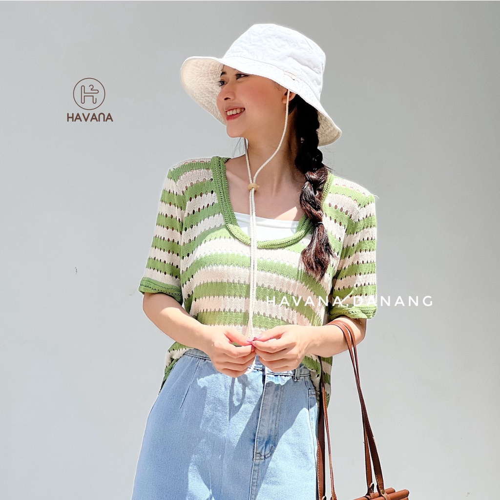 Áo len ngắn tay cổ tròn sọc ngang, áo lỗ cộc tay phong cách AE211