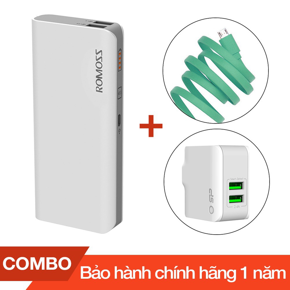 Combo Pin sạc dự phòng 10000mAh Solit 5 Romoss + Cáp sạc micro USB dài 1m + Cốc sạc 2 cổng USB 2.4A max - Chính hãng