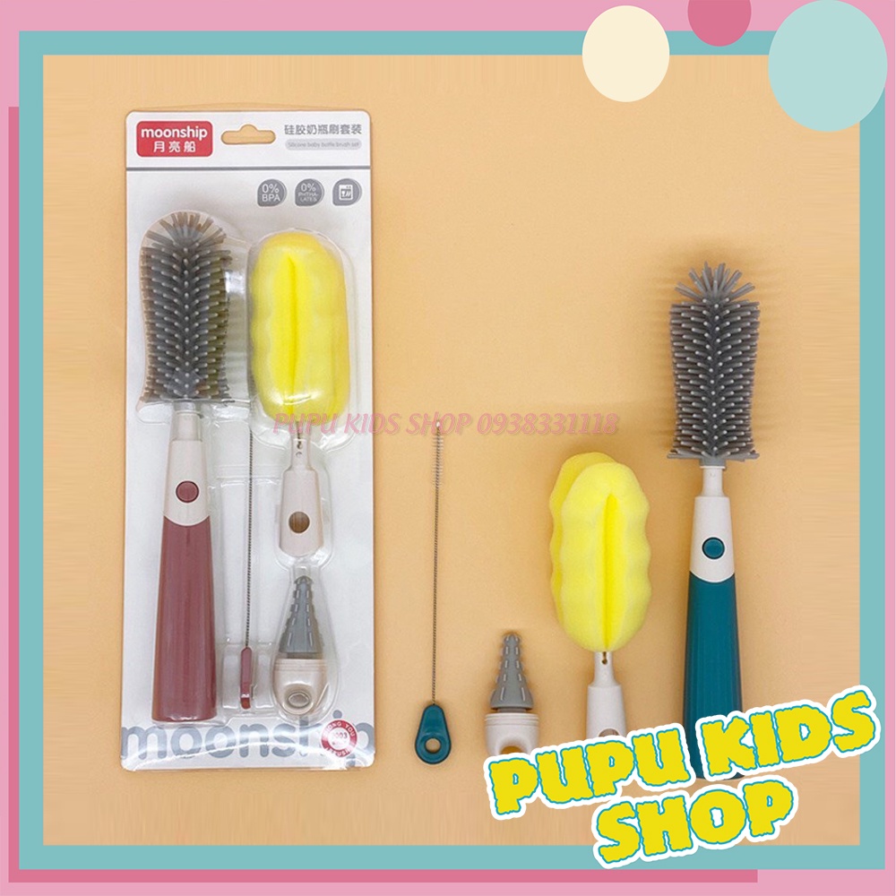 Cọ rửa bình sữa và núm ti Silicon 4 chi tiết, đầu tay cầm xoay 360 độ cao cấp PUPU KIDS SHOP