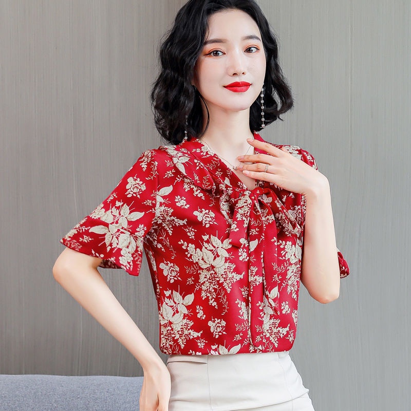 Áo chiffon tay ngắn plus size họa tiết hoa cho phụ nữ trung niên