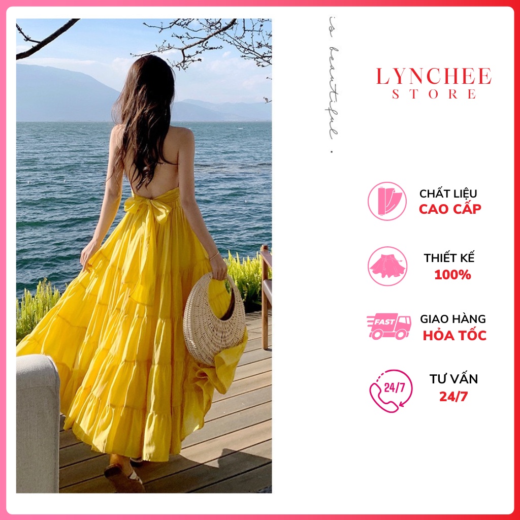 Maxi cổ yếm hở lưng đi biển dự tiệc,đầm maxi cổ yếm dáng dài xòe hở lưng thắt nơ sang chảnh