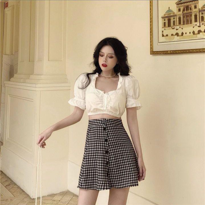 11321B1-5 Áo sơ mi blouse croptop tay bồng, chất kate mịn đẹp