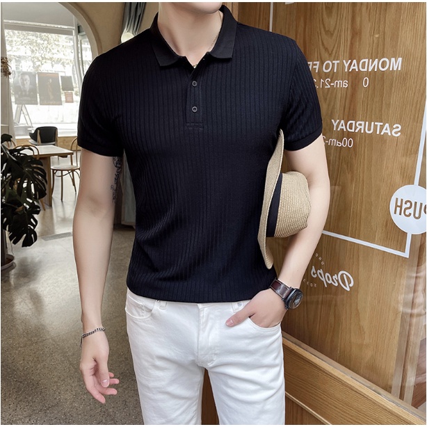 Áo Thun polo Dệt Kim Ngắn Tay Dáng Rộng Màu Trơn Đơn Giản Đa Năng Thời Trang Hàn Quốc Cho Nam simple áo thun nam có cổ fashion áo phông nam có cổ top áo polo nam from rộng