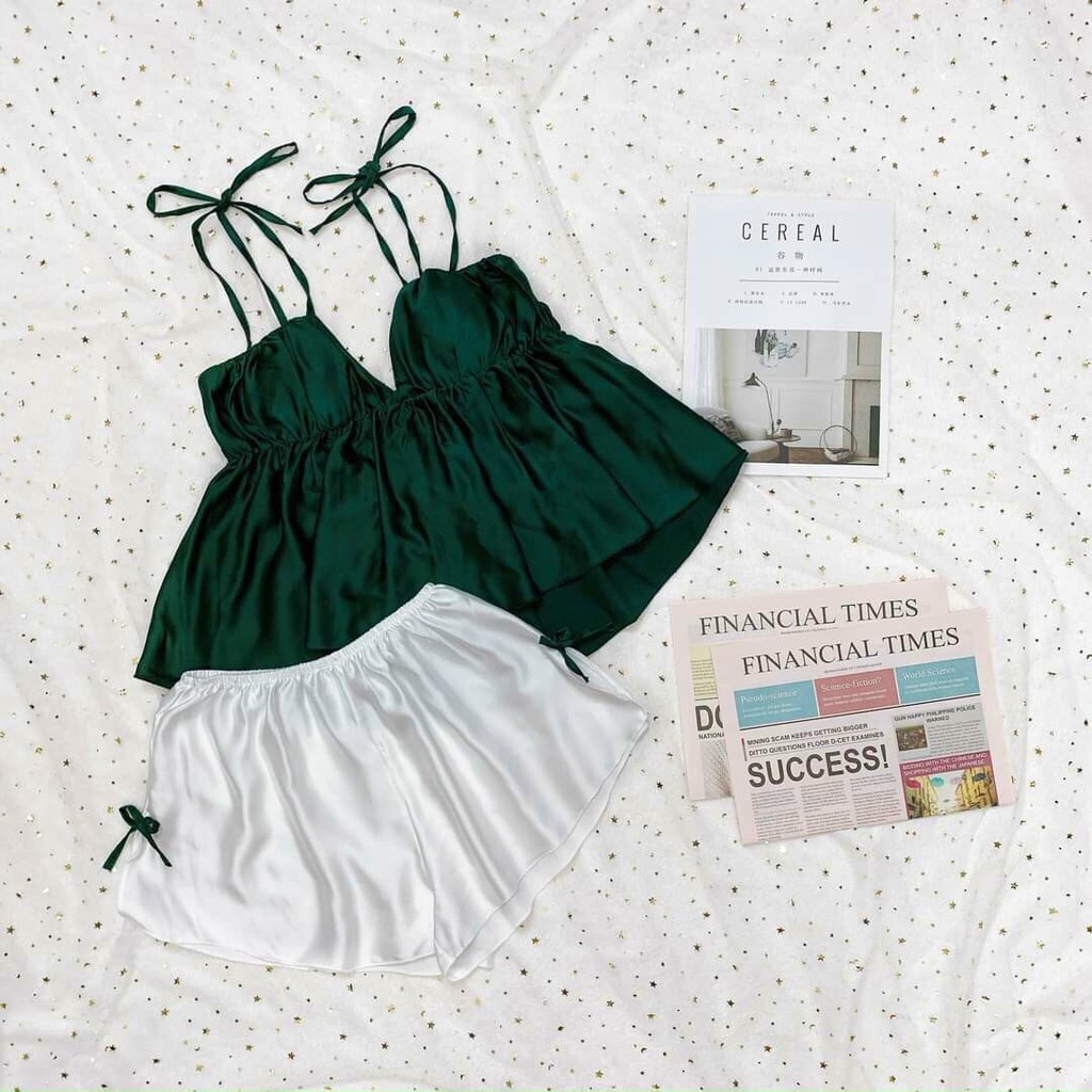 Set đùi 2 dây áo lụa satin màu - quần trắng siêu xinh form 40-56kg | BigBuy360 - bigbuy360.vn