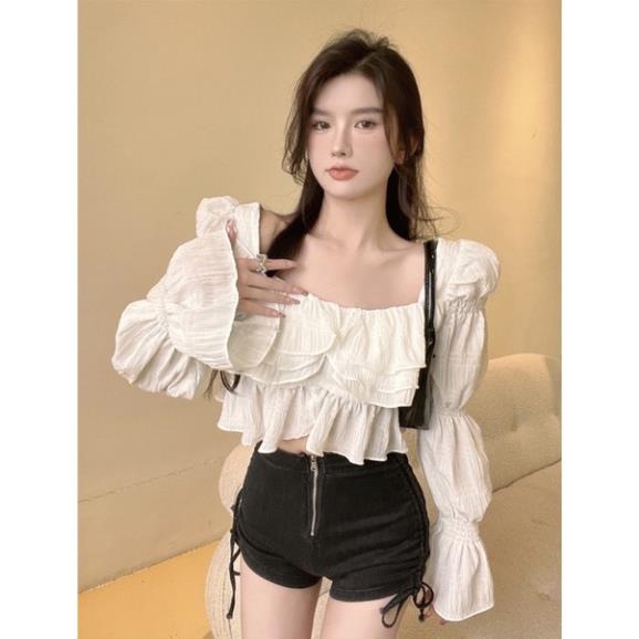 Áo croptop peplum bèo tầng tay khúc ống loe