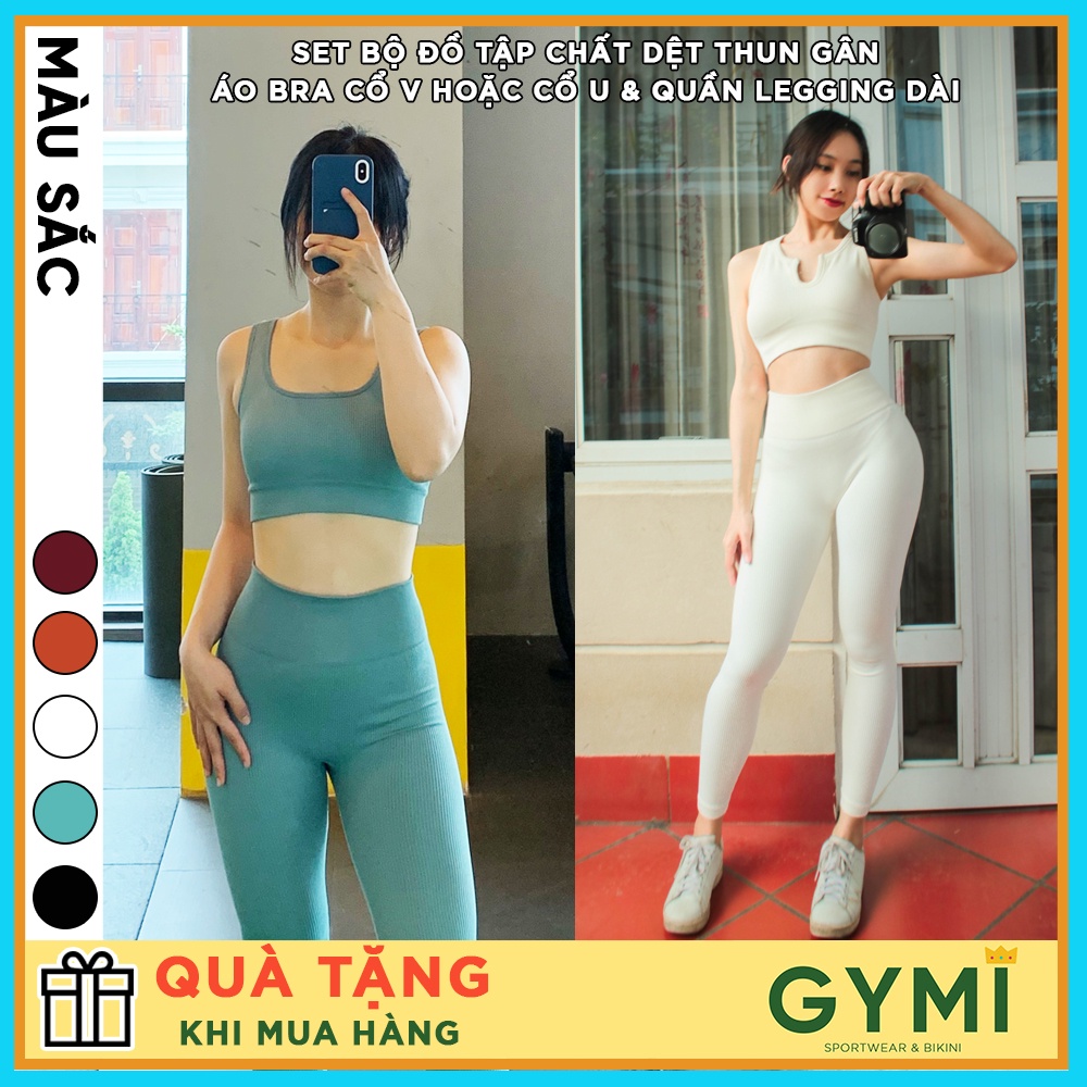 Set bộ đồ tập gym yoga nữ GYMI SET16 gồm áo bra cổ V hoặc cổ U và quần legging thể thao chất liệu dệt thun gân