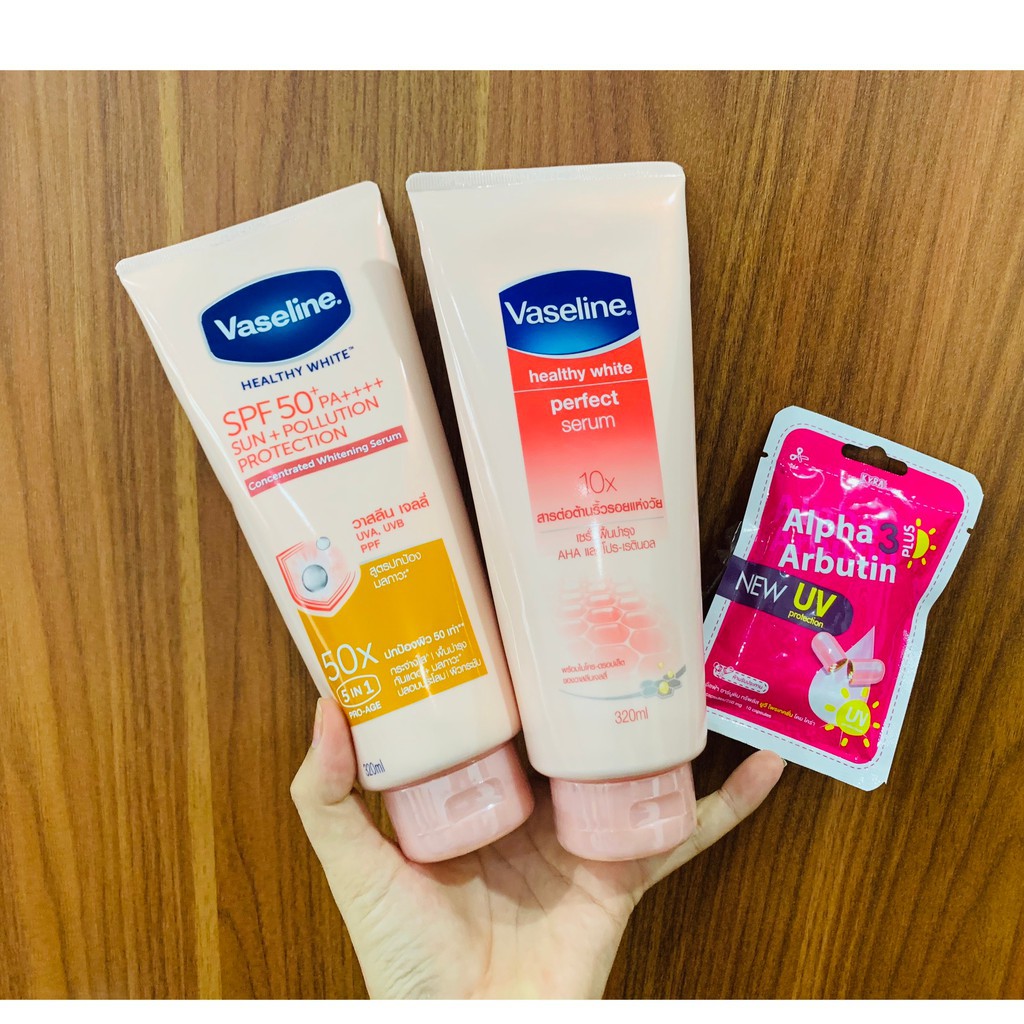 Viên Kích Trắng Alpha Arbutin 3plus + Dưỡng Thể Vaseline 50x + dưỡng thể vaseline 10X hồng vàng xanh dương