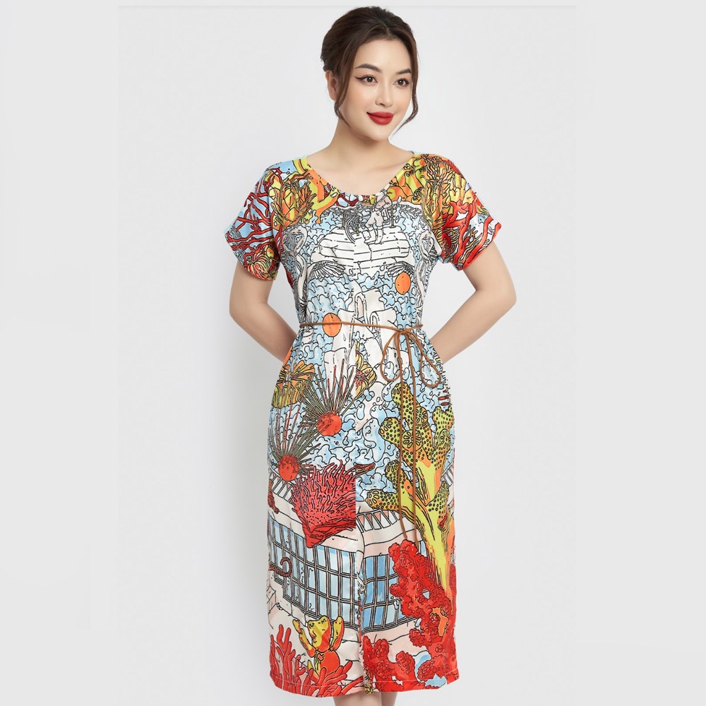 Đầm Xuông Xẻ Tà Hecci Họa Tiết Biển Kèm Đai Thắt Eo V209