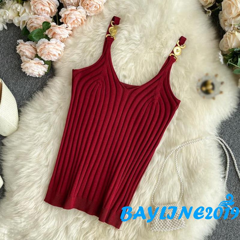 Bay-Women´s Tank Tops Rib Knit V-Neck Metal Chain Sling Design Slim Fit Breathable Versatile Streetwear Tops