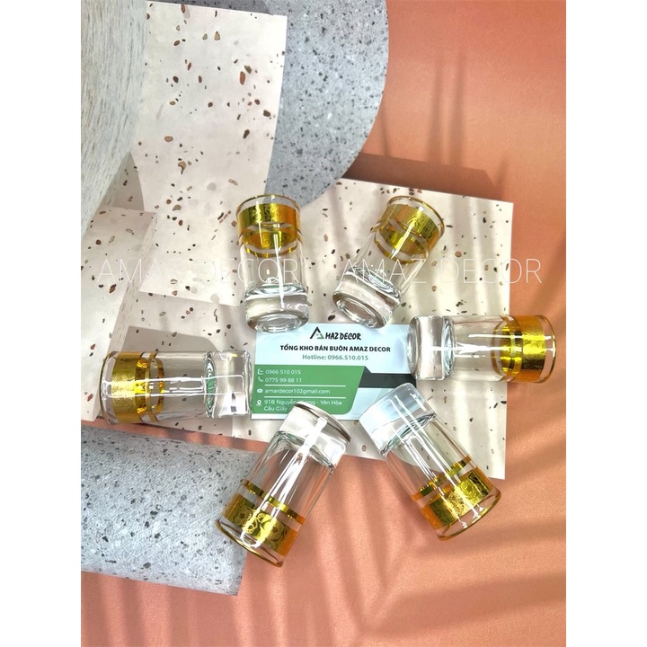 Bộ 6 ly chén uống rượu thủy tinh đế tròn dày khảm họa tiết vàng cao cấp