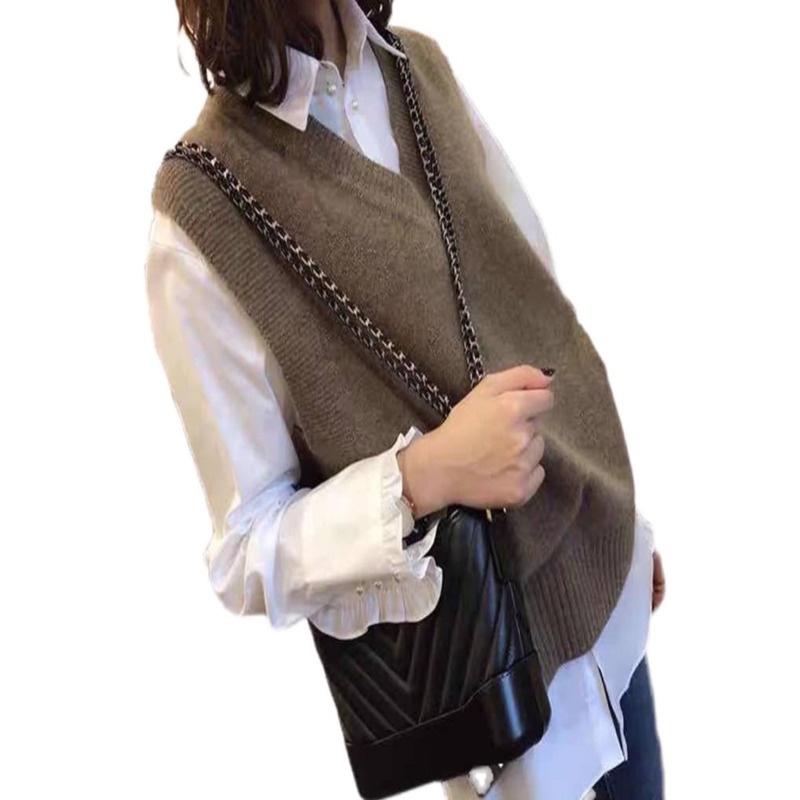 Áo Sweater Dệt Kim Không Tay Cổ Chữ v Màu Sắc Đơn Giản Phong Cách Retro Hàn Quốc