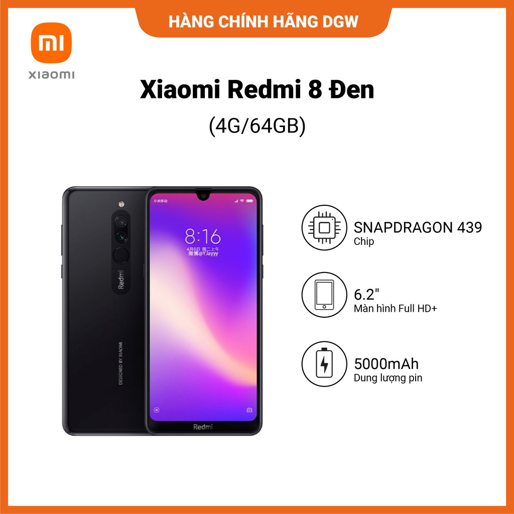 ĐIỆN THOẠI XIAOMI REDMI 8 ĐEN | 4G | 64G [Móp hộp, đã tróc seal, Hàng mới 100% Chính hãng DGW BH 18tháng]