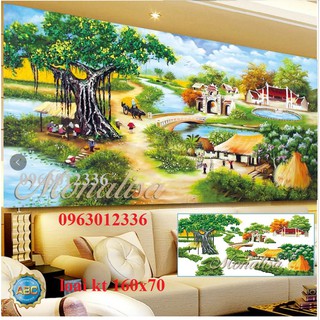 Tranh đính đá phong cảnh Cây đa giếng nước 1m3 + 1m6 và 2m