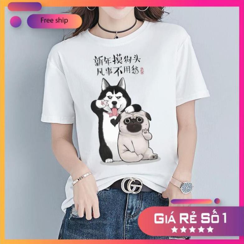 Áo thun nữ tay ngắn, áo hình chó husky vs pug có chữ- Áo thun Trung Quốc Unisex - Áo thun tay lỡ (Trắng)