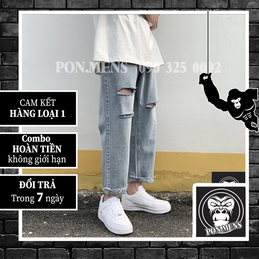 Quần bò baggy nam nữ ống rộng rách gối mới t25 2021 Pon.mens | BigBuy360 - bigbuy360.vn