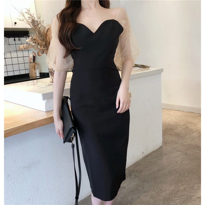 Đầm dáng ôm nữ dài midi tay lưới Emilyshop