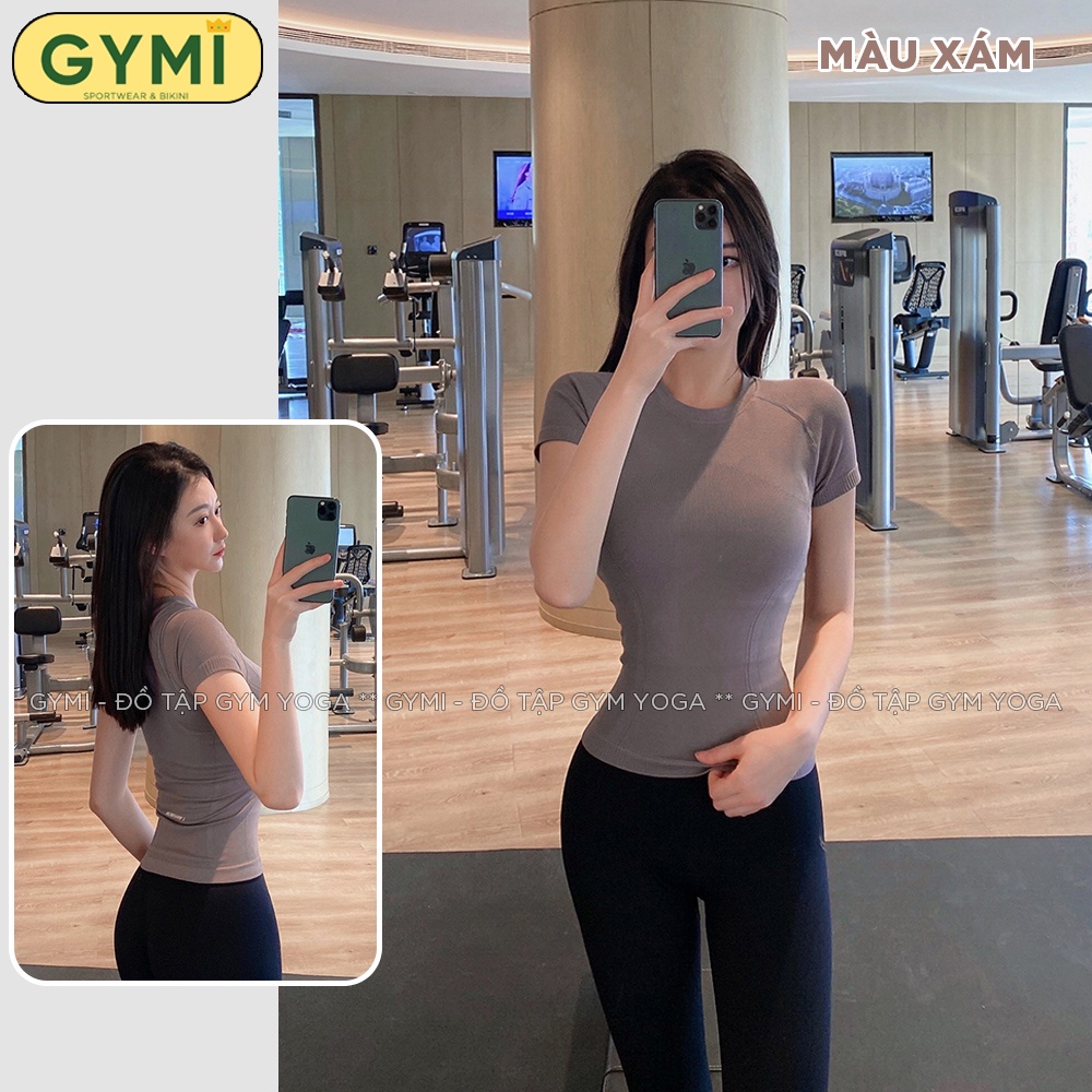 Áo tập gym yoga nữ GYMI AC26 dáng thun ngắn tay thể thao chất vải dệt cao cấp co giãn phom ôm body
