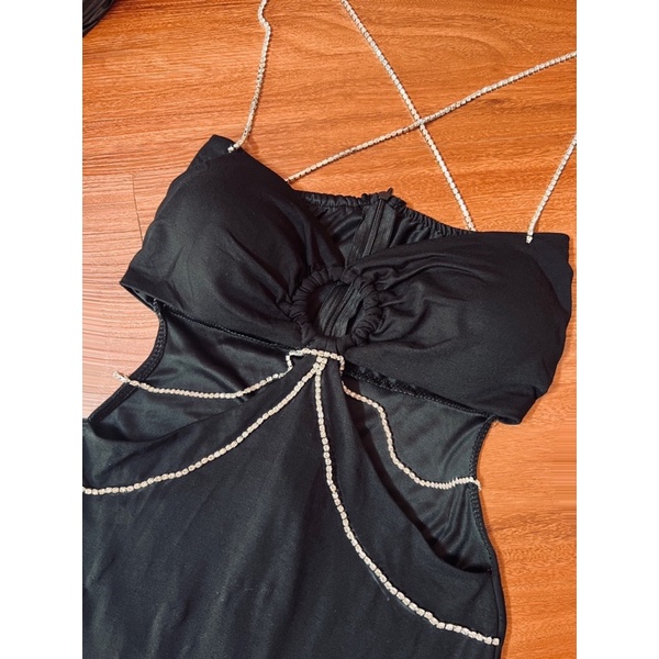 Đầm đen body loe dáng dài khoen ngực khoét eo 2 dây kết đính đá sexy siêu xinh đi dự tiệc sang trọng dạ hội quý phái