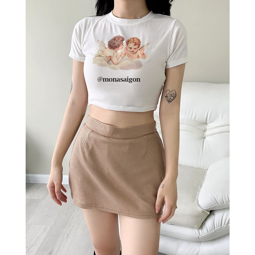 MONÁ Áo croptop ôm body ANGEL CROPTOP TRẮNG/ BE