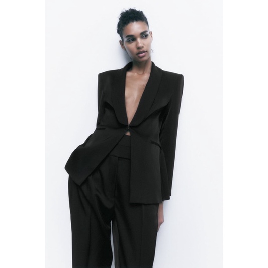 Order set blazer xuất dư ZARA của nữ Áo khoác blazer Tuxedo vải rũ bóng và quần vải rũ bóng có đai lưng cài khuy
