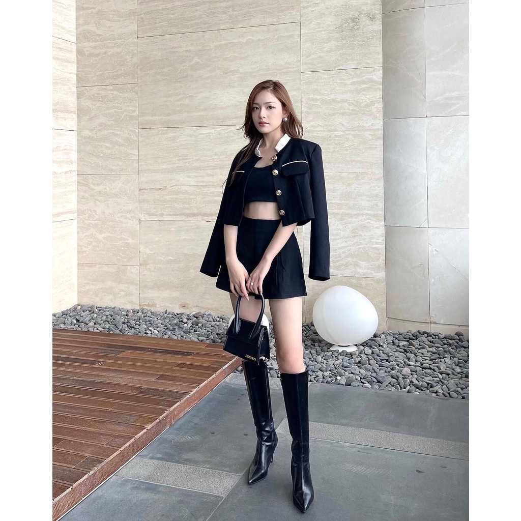 Áo Dạ Croptop Hai Màu Đen Trắng Chất Dày Dặn Stella Croptop - Hàng Chất Lượng Cao Jolie