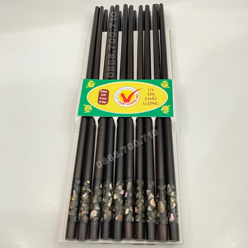 Đũa ăn gỗ Mun đen đầu tròn gắn vỏ bào ngư 10 đôi