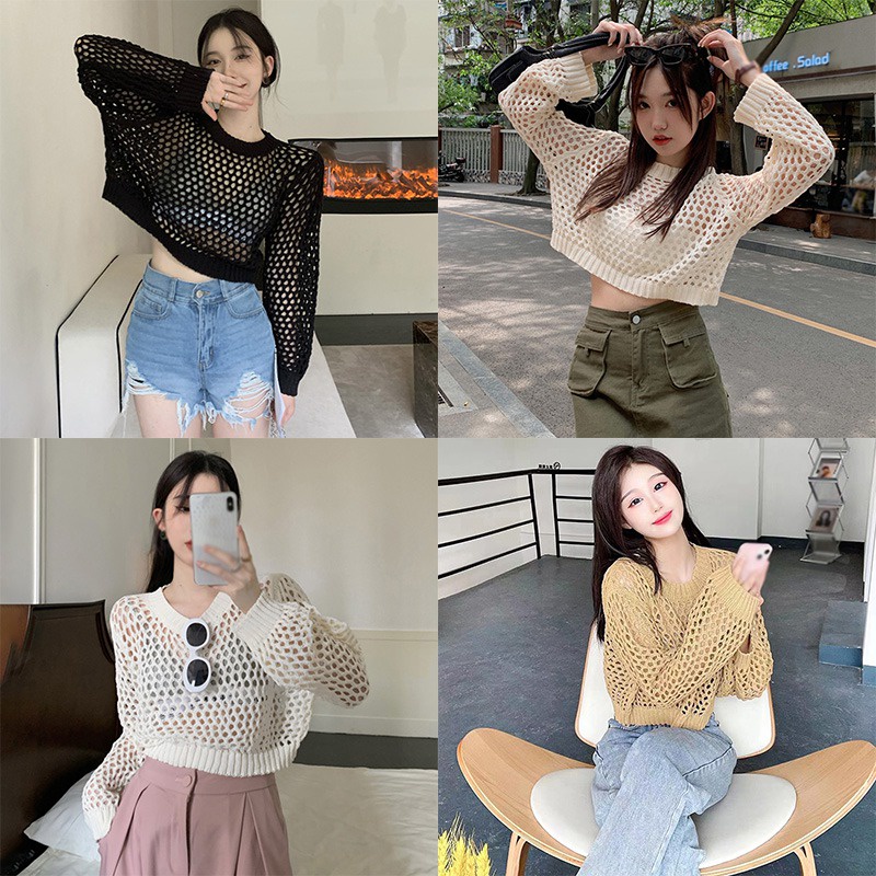 Áo Sơ Mi Tay Dài Cổ Tròn Màu Trơn Phối Lưới Thời Trang Hàn Quốc Cho Nữ