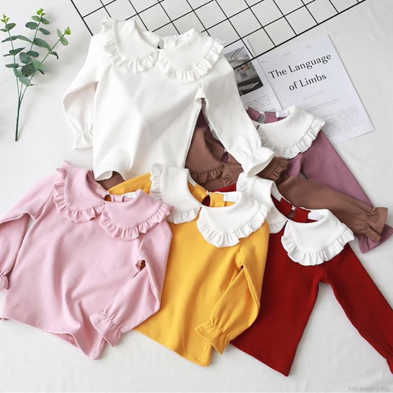 Áo thun tay dài phối bèo màu trơn cho bé gái