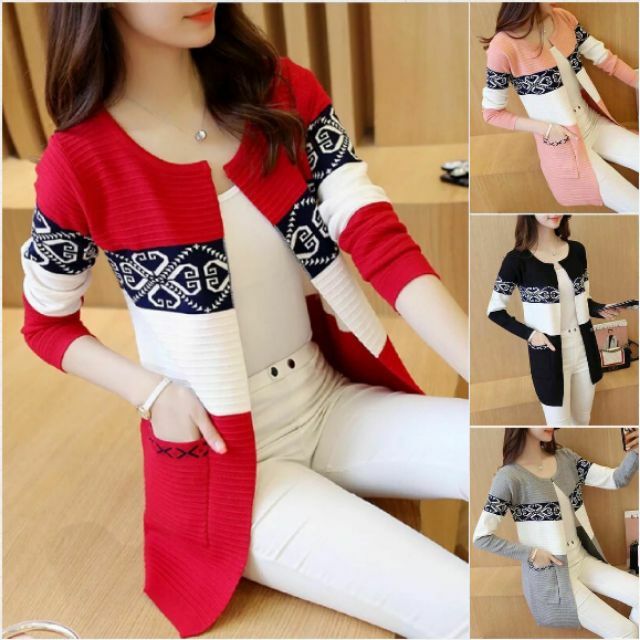 Hàng nhập - Áo khoác nữ len cardigan hoa văn