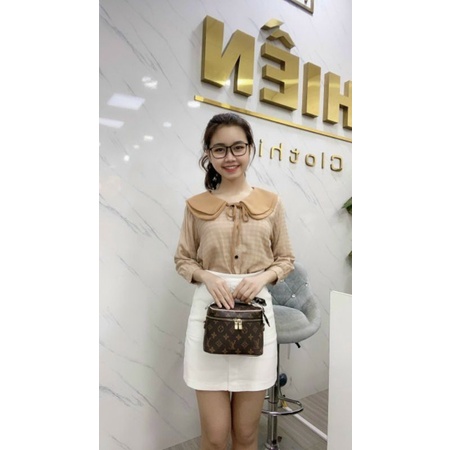 Áo sơ mi kẻ cổ sen nơ nhỏ nhiều màu chất thô mềm