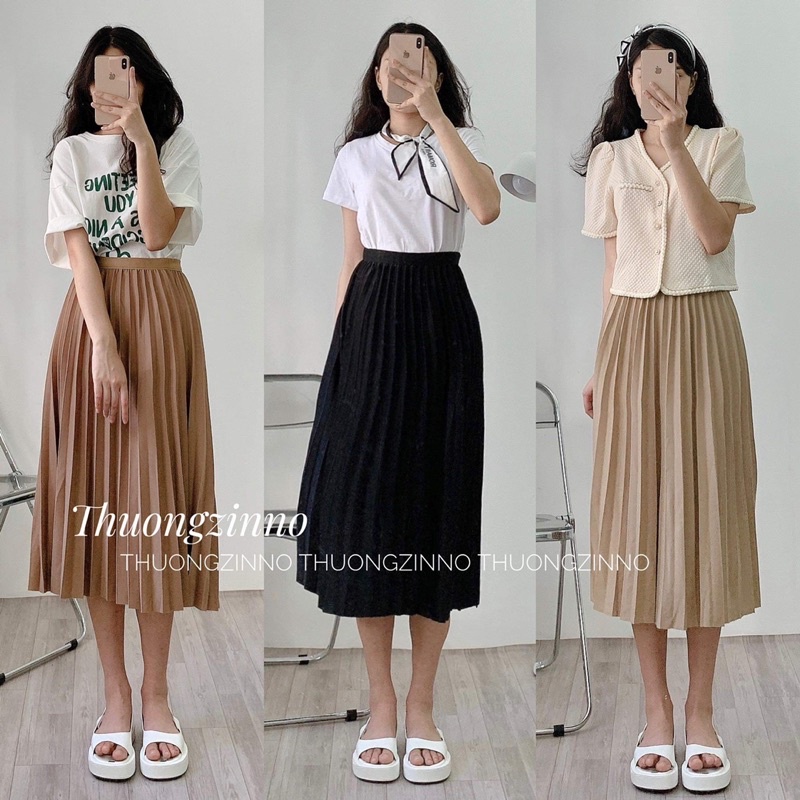 [Ảnh thật/Video] Chân váy midii xếp li nhẹ nhàng tiểu thư Chân váy dài chun eo Quảng Châu