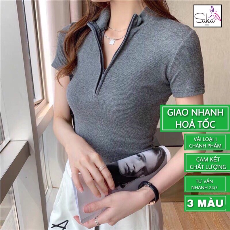 Áo croptop thun nữ dây kéo cổ sơ mi 3 màu thời trang trắng xám đen