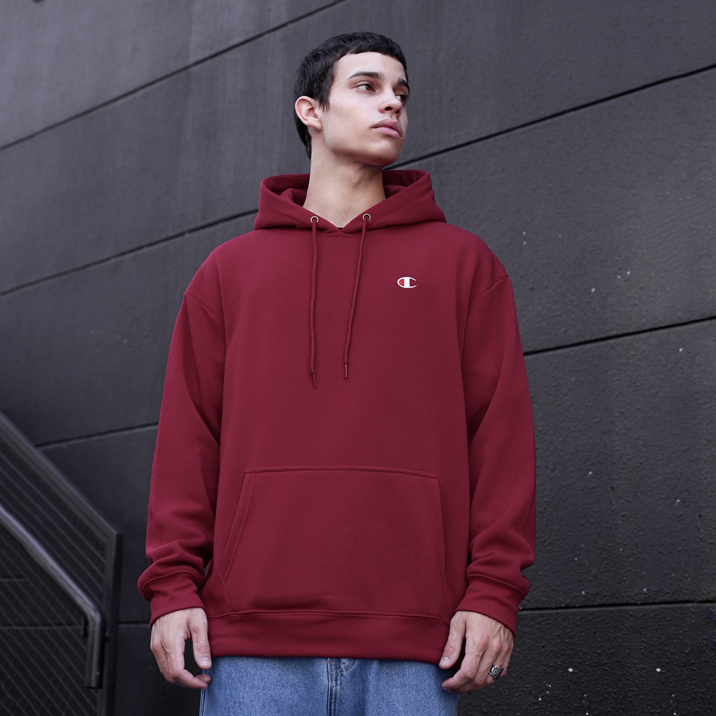 Áo Hoodie Thêu Logo Champion Sắc Nét Vải Nỉ Bông Cotton Form Rộng Rãi Unisex Màu Đỏ Đô