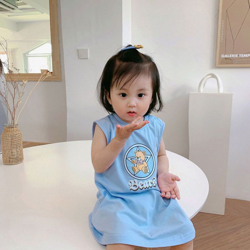 Đầm Không Tay In Họa Tiết Dễ Thương Thoáng Khí Phong Cách Phương Tây Cho Bé Gái