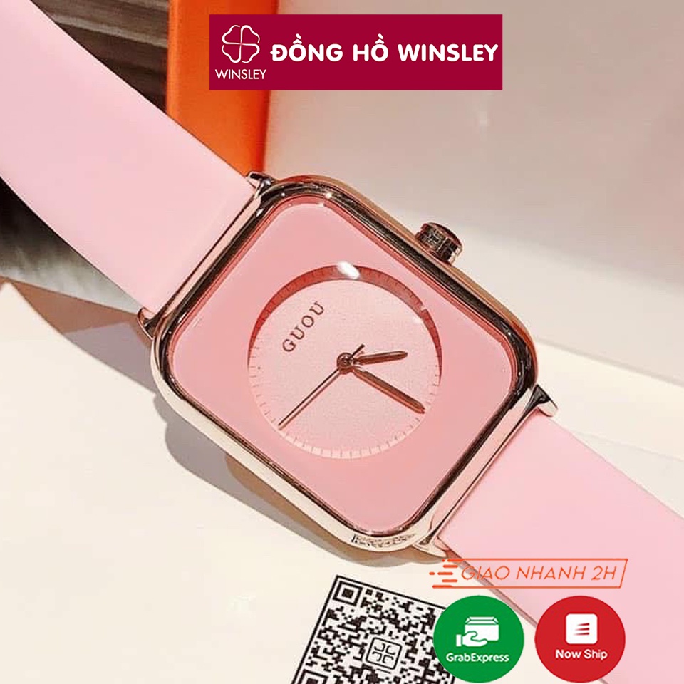 Đồng hồ nữ mặt vuông apple watch chính hãng GUOU dây cao su silicon chống nước viền vàng