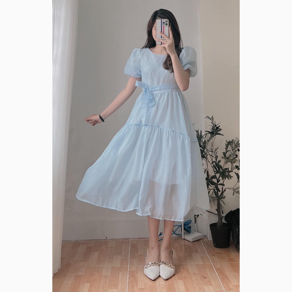 Đầm công chúa cộc tay váy trắng xanh voan tơ hai màu xinh nhẹ nhàng tiểu thư