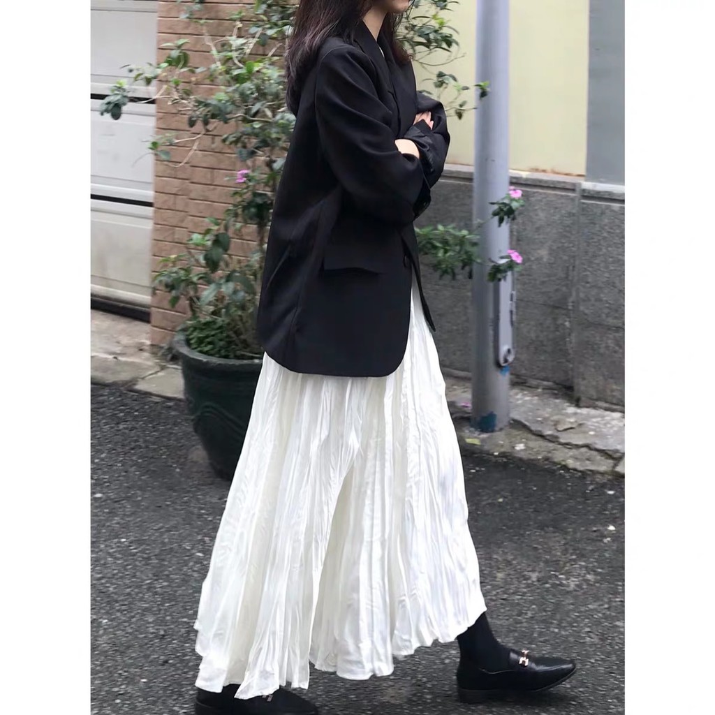 Chân váy voan trắng midi dáng dài xếp ly nhăn nhẹ nhàng vintage Hàn Quốc