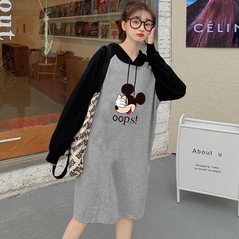 Đầm Hoodies Tay Dài Hoạ Tiết Hoạt Hình Phong Cách Hàn Quốc Thời Trang Nữ Dễ Thương