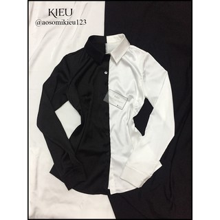 Áo sơ mi lụa đen trắng 💖Ảnh thật💖Áo lụa tay dài công sở cổ đức
