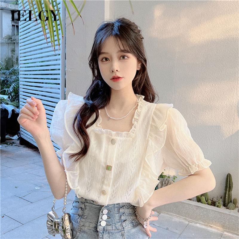 Áo sơ mi IELGY tay ngắn cổ vuông phối bèo phong cách Pháp dành cho nữ